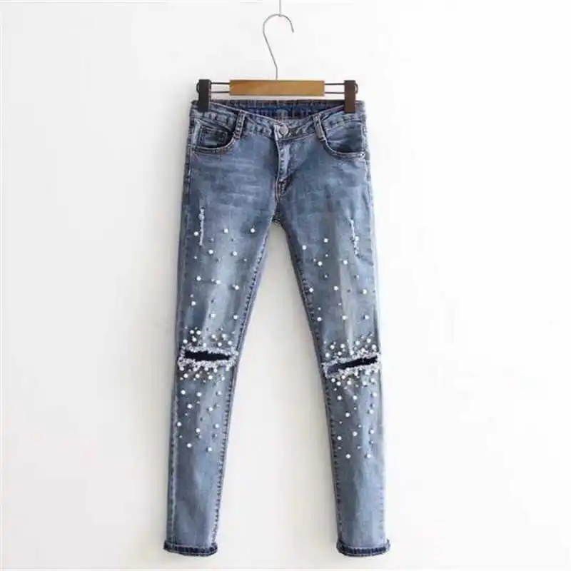 Женские модные рваные перламутровые тонкие джинсовые штаны бойфренд джинсовые брюки женские повседневные джинсовые брюки - Цвет: Blue