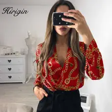 Винтажный Шелковый комбинезон, женский комбинезон, длинный рукав, цепь, принт, топ, рубашка, для девушек, глубокий v-образный вырез, ключ, принт, сексуальные Сатиновые боди