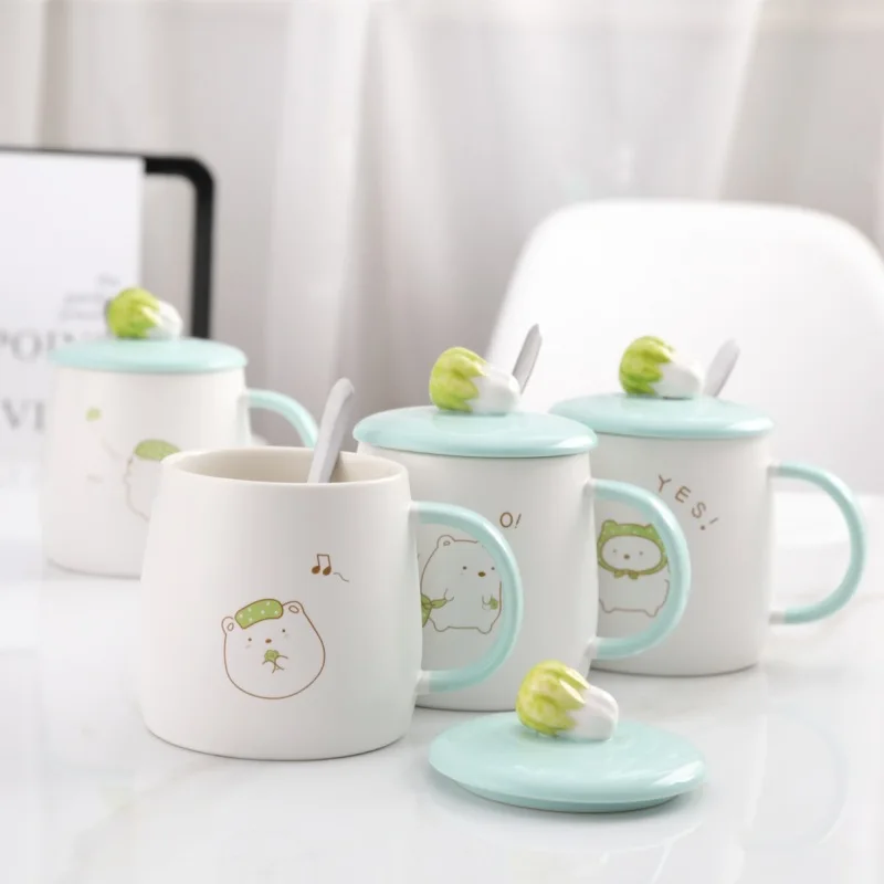 

Cartoon Cabbage Ceramic Coffee Mugs Hand-painted Three-dimensional Large-capacity Mug with Spoon Lid Breakfast Cups Wine Tumbler
