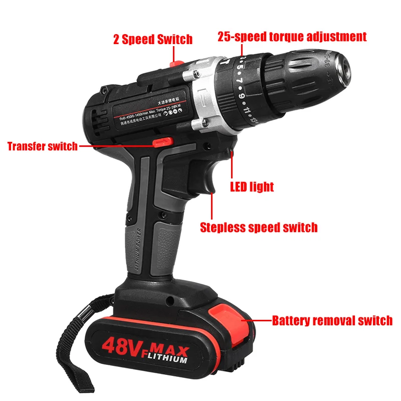 48V Electric Hammer Drill Cordless Drill Woodworking Tool Rechargeable Woodworking Drills  _WK
