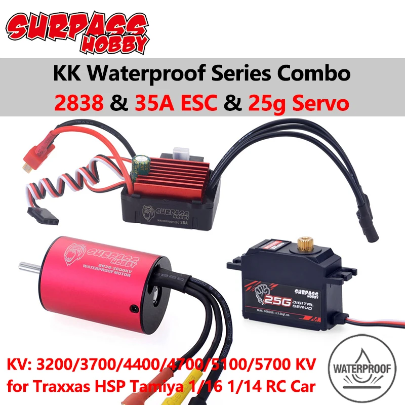 

Surpass Hobby COMBO Waterproof ESC Brushless Motor 2838 3200/3600/4400KV with 35A ESC 25g Metal Gear Servo for 1/16 1/14 RC Car