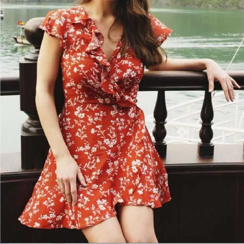 ZAFUL Платье с оборками цветочным принтом Женщины Boho Летнее платье V образным
