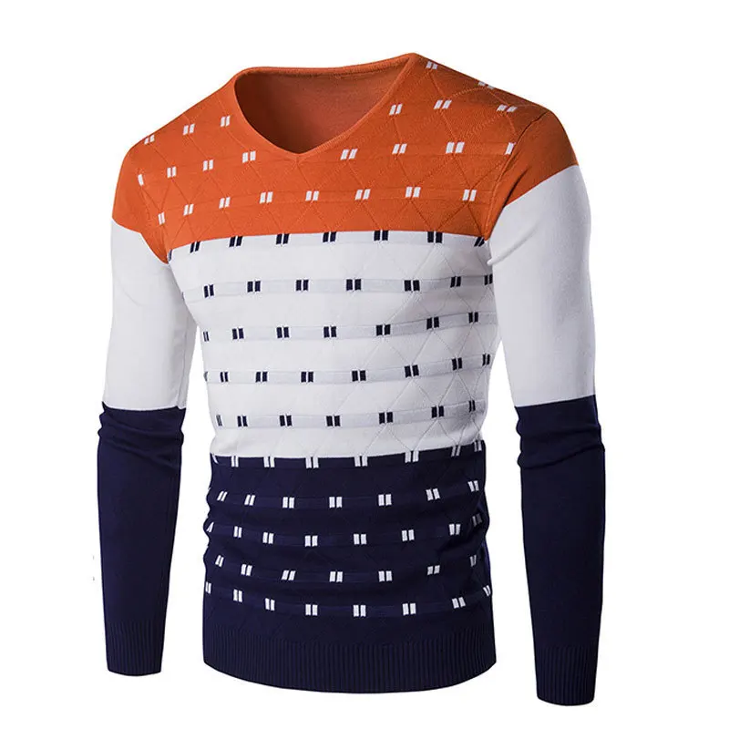 

2020 Spring Autumn Men's Patchwork Sweater Cotton Thin Slim V-neck Pullover Simple Warmer Comfortable Outware Clothing