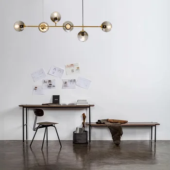 

Modern LED restaurant chandelier Nordic living room chandelier bar smoke gray glass ball gold wrought iron lamp 90-260V