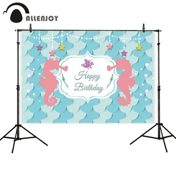 

Allenjoy Seahorse Photocall Fish Scales Bubble Star Bead Curtains Cartoon Mermaid Happy Birthday Wallpapers Baby Shower Backdrop