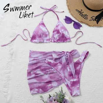 

Skirted swimsuit women Tie-dye 3 piece suit bikini 2020 High cut Ruffle swimwear female Halter swim suit Knot bathing suit new