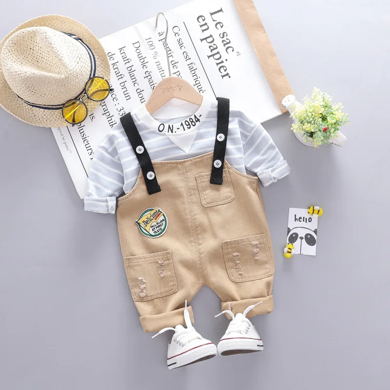 Осенняя одежда для маленьких мальчиков футболка в полоску с круглым вырезом+ брюки с поясом комплект из 2 предметов для малышей, хлопковый повседневный комплект одежды для новорожденных от 1 года до 3 лет