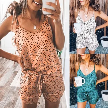 

Sexy Leopard Sling Pajama Set Women Cropped Tops Tank Shorts Sleepwear V Neck Night Lounge For Women Pyjama Femme #N3
