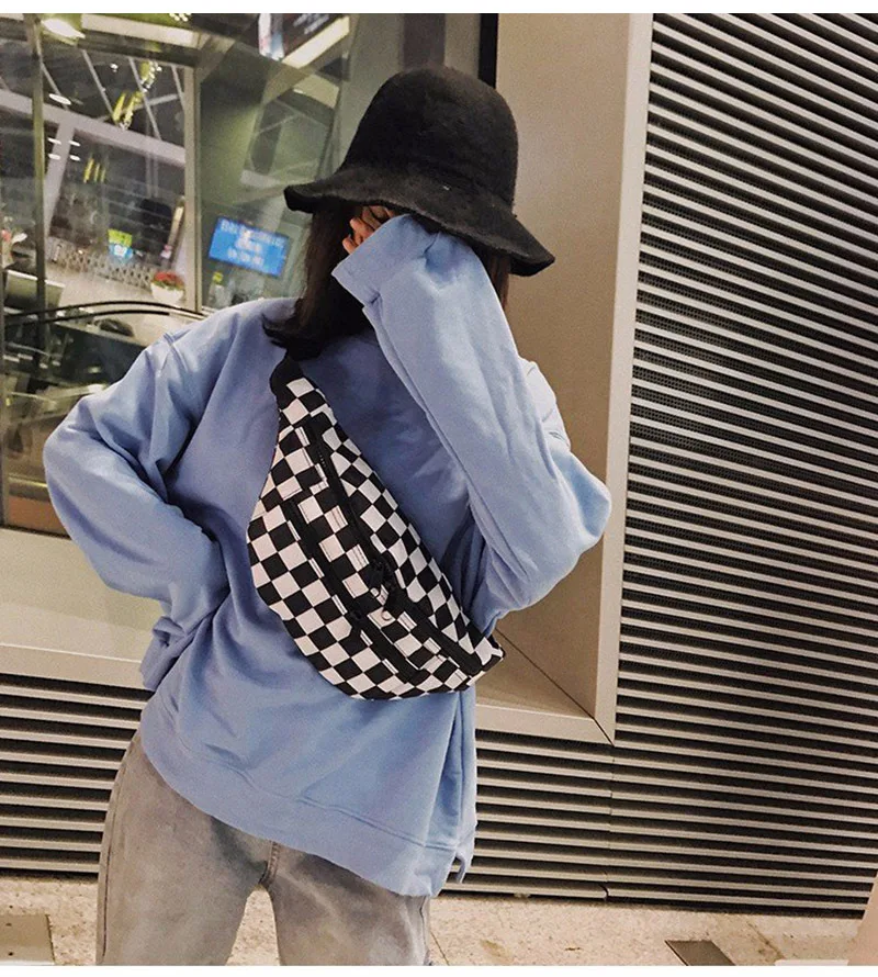 Checkerboard black and white Lattice Waist Bag Women 2021 New Fashion Messenger Small bag Canvas Chest Bag Double Zipper Bag