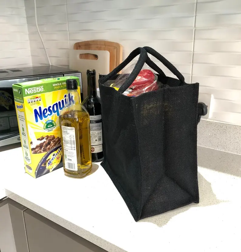 New Linen PU coating Reusable Jute Shopping Bag Beach blonde Handbags canvas tote bags for women grocery bag large - Цвет: Черный