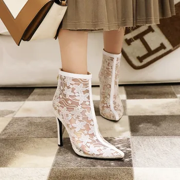 

ochanmeb Stiletto Heels Women Short Boots Lace Mesh Net Summer Boots White Black Party Shoes Woman Emboidery Booties Size 45