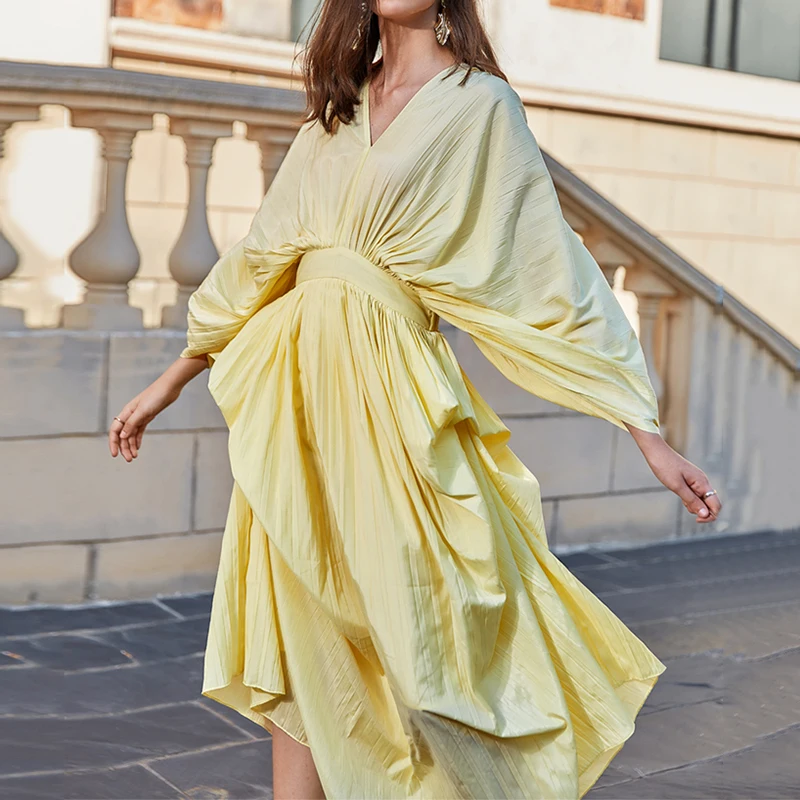 

Ruched Summer Dress Female V Neck Lantern Long Sleeve High Waist Irregular Hem Women Casual Dresses Fashion Clothes