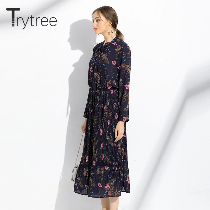Trytree осеннее женское Повседневное платье с бантом и цветочным принтом, эластичная талия, модное ТРАПЕЦИЕВИДНОЕ плиссированное платье до середины икры, офисное платье для девушек