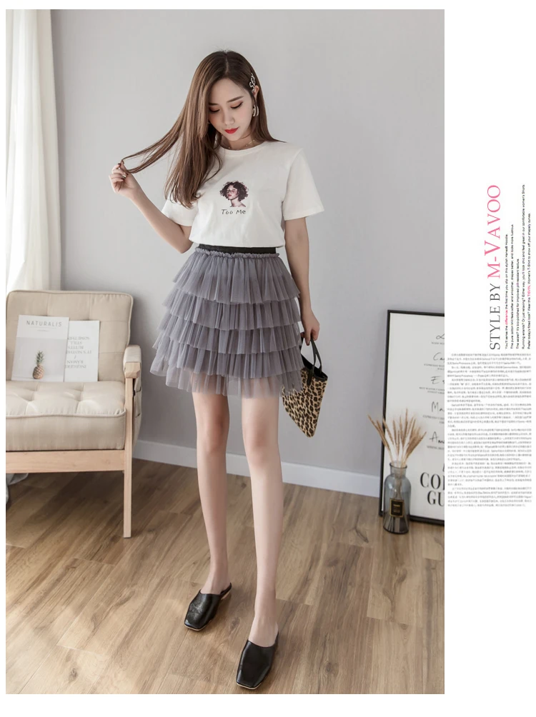 Корейская юбка из тюля и сетки, Женская эластичная многослойная мини плиссированная летняя юбка с высокой талией в стиле пэчворк, винтажная юбка-пачка для взрослых