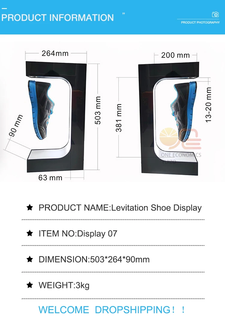 Black 15 Inches Single Shoe Display with White LED Light and Simple Packing