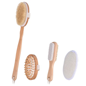 

BESTDry Brush Body Set-Bamboo Bath and Shower Brush, Pig Hair, Fat Massager, Foot Pumice Brush