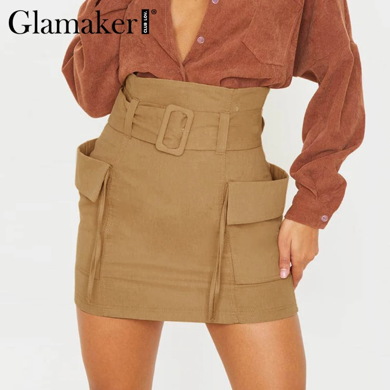 Женская офисная юбка с поясом Glamaker облегающая мини-юбка цвета хаки высокой
