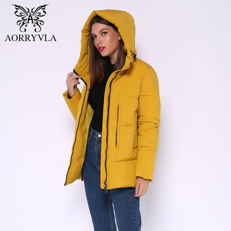 AORRYVLA Модные женские зимние куртки короткий теплый пуховик с капюшоном повседневные однотонные милые куртки для женщин AO1936