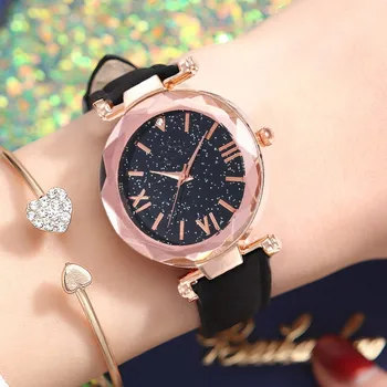 

Casual Women Romantic Starry Sky Wrist Watch Leather Rhinestone Designer Ladies Clock Simple Dress Gfit Montre Femme Otoky Brand