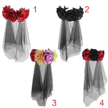 

Womens Halloween Costume Headband Artificial Rose Flowers Crown Tulle Veil Garland Party Wedding Festival Photo Props Wreath