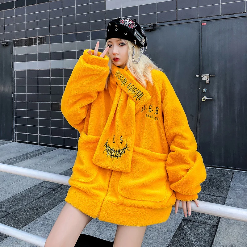Шерпа мужская флисовая Толстая куртка парка осень зима Harajuku утепленная куртка пальто для женщин с шарфом Зеленый Оранжевый Черный