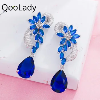 

Qoolady Luxury Dark Blue Leaf Water Drop Ear Clips Non Pierced Earrings CZ Stone Female Wedding Party Accessories Jewelry E021