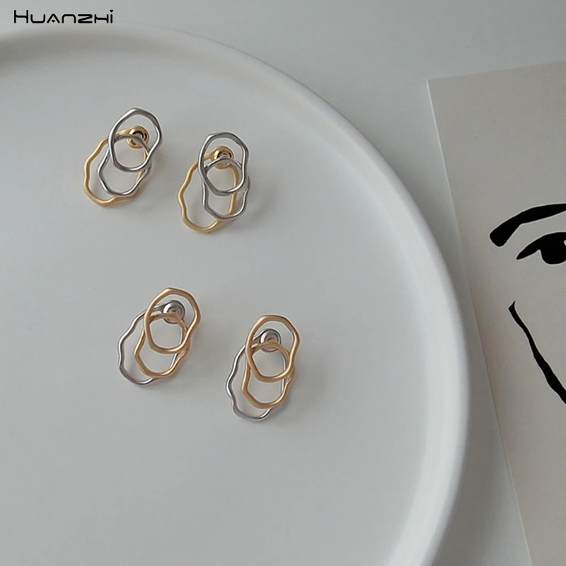 HUANZHI дизайн S925 Серебряная булавка геометрические три круга накладные полые Нерегулярные металлические серьги-гвоздики для женщин девочек