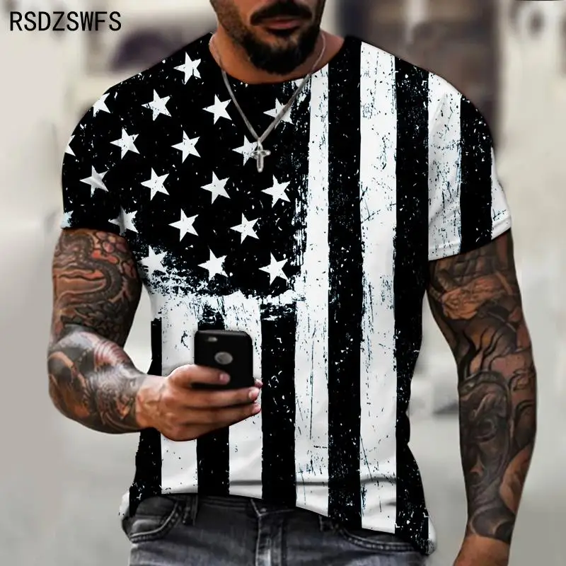 

2021 Summer American Flag Print Men's Casual Fashion T-shirt Round Neck Loose Oversize Muscle Streetwear BYCK Brand Clothing