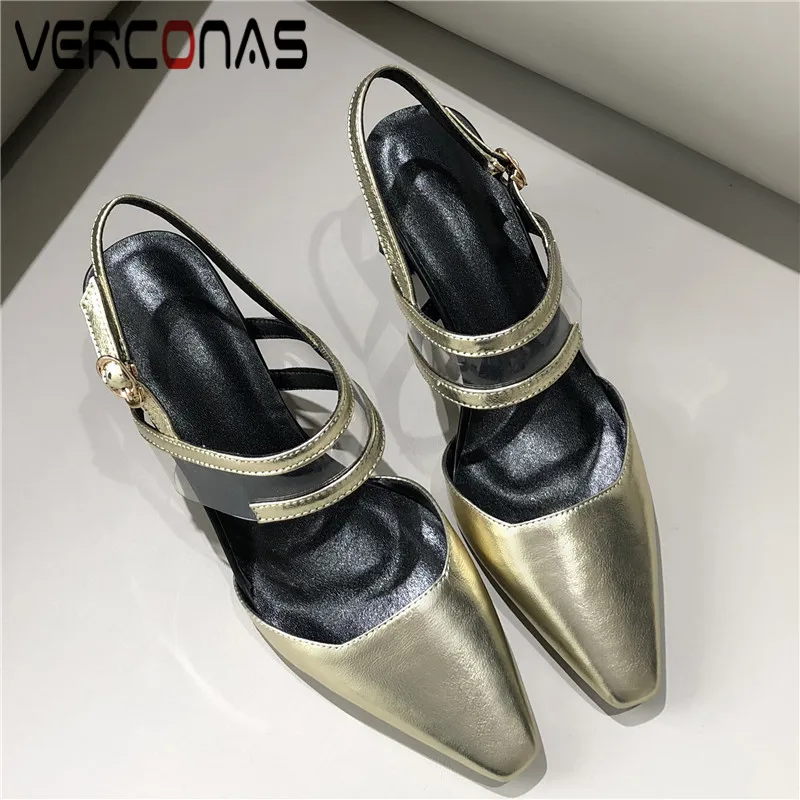 

VERCONAS Women Genuine Leather Thick Heel High Heeled Pointed Toe Party Pumps Summer Concise Sandals Brand Design Shoes Woman