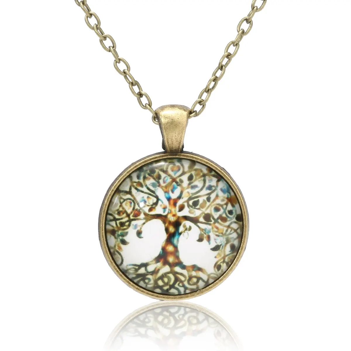 Retro Men Women Art Magnifying Glass Cabochon Tree of Life Pendant Bronze Sweater Chain Necklace Statement Jewelry Shellhard