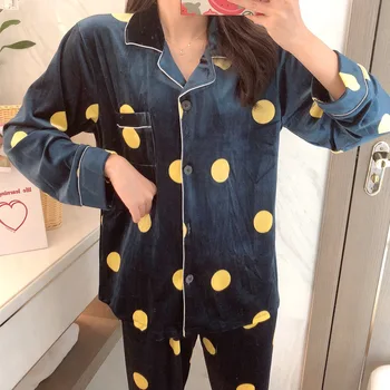

Wontive Winter Women Pyjamas Set pajama Sleepwear Suit Thick Warm Gold velvet nightgown Long sleeve casual dot pattern pajamas