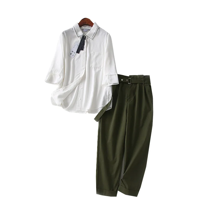 

A Generation of Lace-up Solid Color Shirt Belt Waist Hugging Casual Pants Two-Piece Set Entity