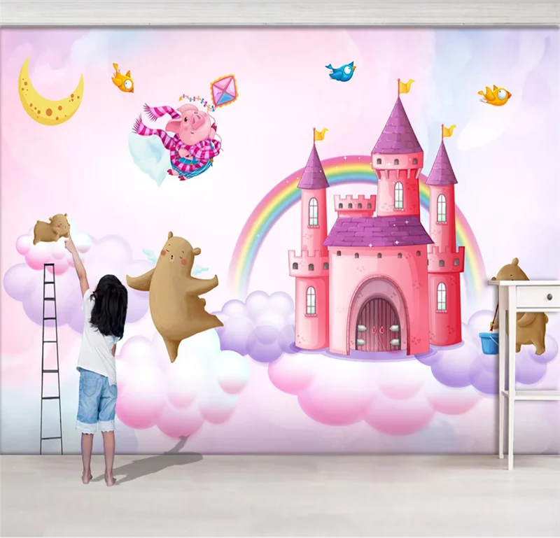 

Hand painted watercolor castle bear pig bird children's room background wall custom 3d wallpaper mural 8D wall covering