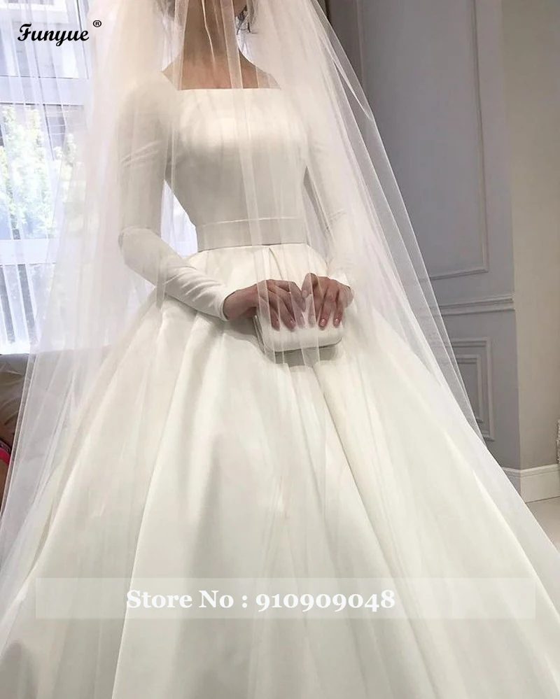 Elegant Princess Ball Gown Wedding Dress Square Collar Luxury Satin Simple Vintage Long Sleeve Bride Gowns with Tulle Veils wedding dress for women