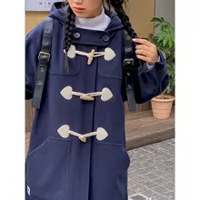 

Preppy Style Woolen Coat Women Horn Buckle Padded Jackets Blue Cape Coats Autumn Winter Hooded Loose Mid-length Female Clothing