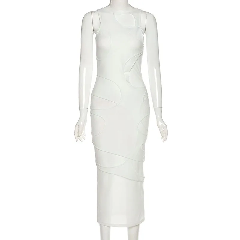 2026 Sleeveless O-Neck Solid Patchwork Mesh Maxi Dress Autumn Winter Women Fashion Sexy Party Club Elegant Clthings 6