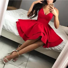 Simple Red Homecoming Dresses Spaghetti Straps V Neck Tiered Satin Knee Length Short Prom Dress Formal Girl Plus Size Party Gown