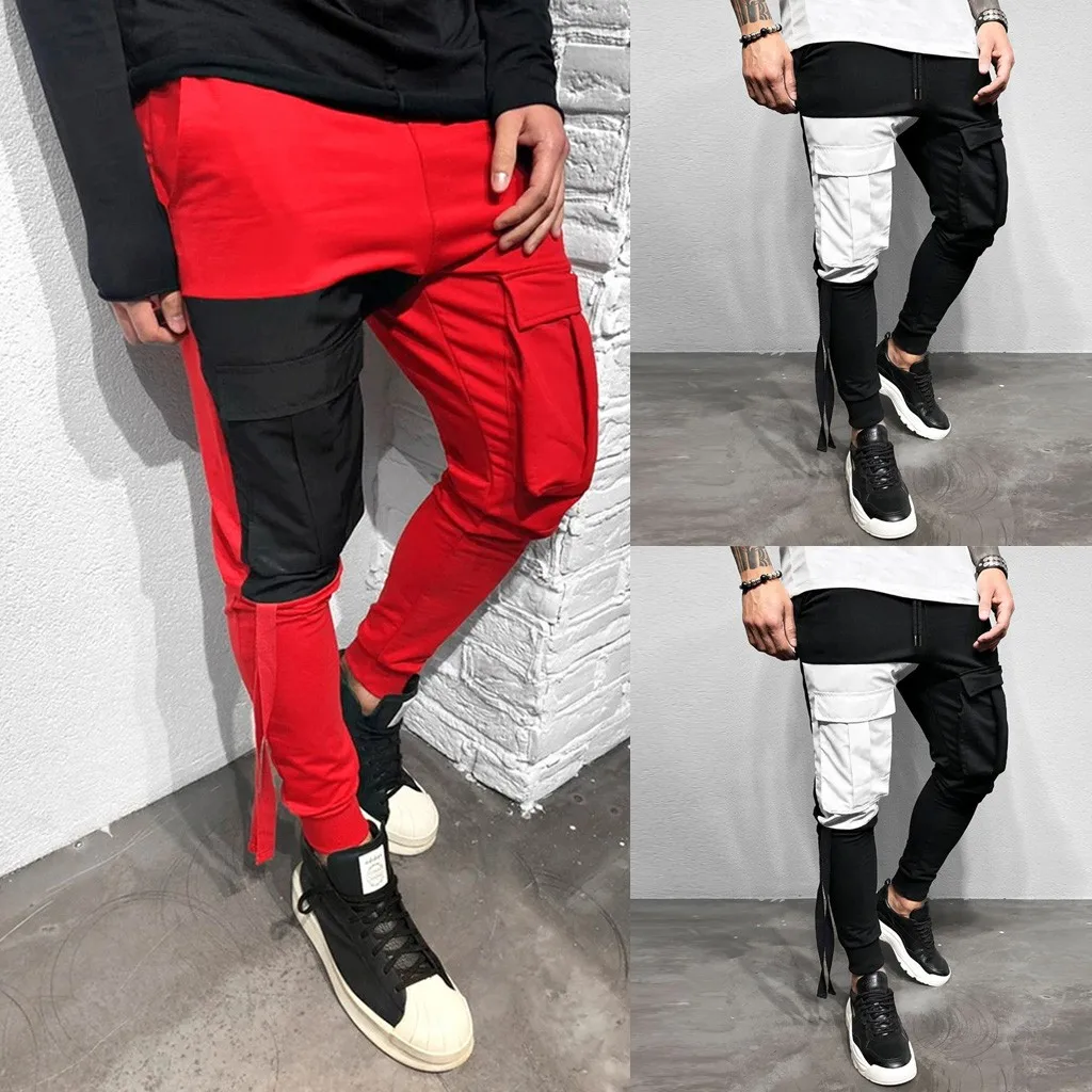 

Men's Patchwork Straight Long Slim Fit Pants Causal Full Length Trousers Casual Denim Holes Jeans Men pants Patchwork Pocket