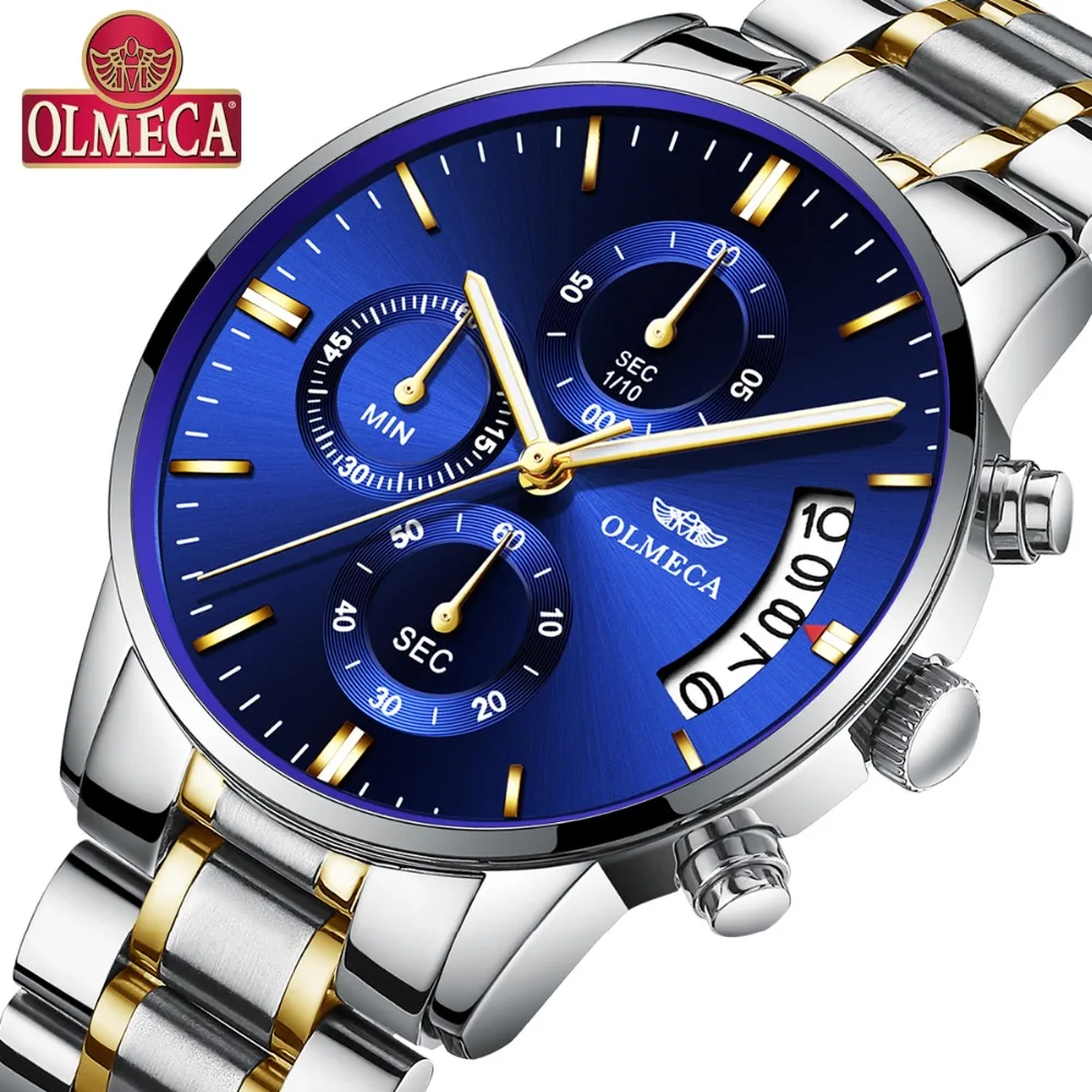 

OLMECA Man's Watches Fashion Brand Luxury Quartz Watch Blue Stainless Steel WristWatch Date Male Clock Relogio Masculino 0869M