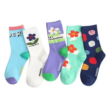

5 Pairs Women Sweet Candy Color Crew Socks Harajuku Cartoon Flower Print Hosiery