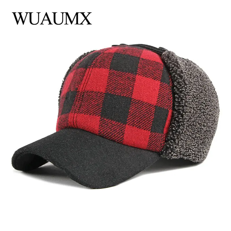 Winter Bomber Hats Men Women Thicken Russian Trapper Hat Earflap Baseball cap Red Black Plaid Windproof