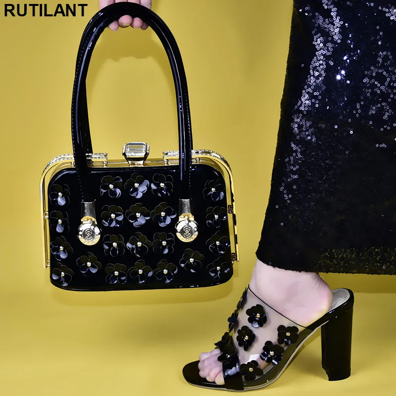 

Italian Shoes with Matching Bags Black Color Sales In Women Matching Shoes and Bag Set Ladies Sandals with Heels Square Heel