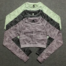 Камуфляжный бесшовный короткий топ с длинными рукавами для женщин, спортивные топы для спортзала, толстый материал, бесшовный топ, компрессионная рубашка для женщин, футболка для тренировок