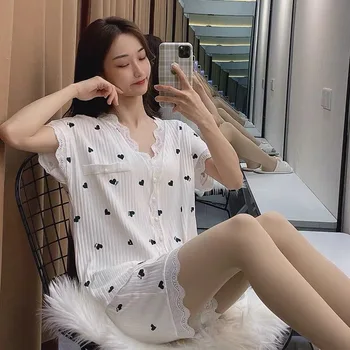 

Home Clothes for Women Heart Print Pajamas Sleepwear Lace Pyjamas Women Pijamas Women Sexy Summer Female Set Pizama Damska