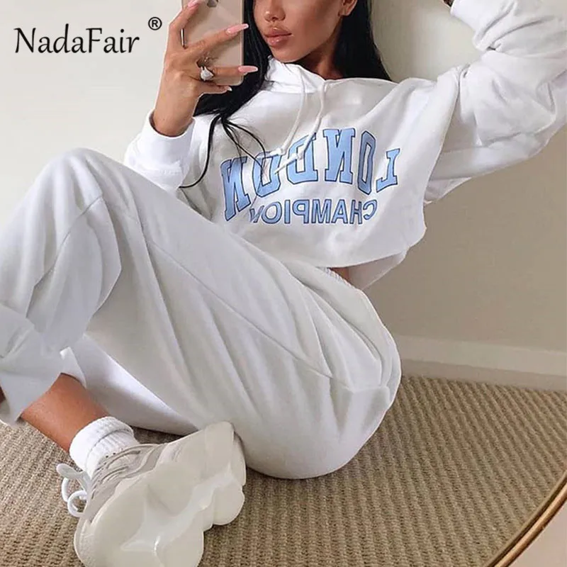 Nadafair с принтом с синими буквами, белые укороченные женские толстовки с капюшоном,, уличная одежда с длинным рукавом, короткая женская толстовка