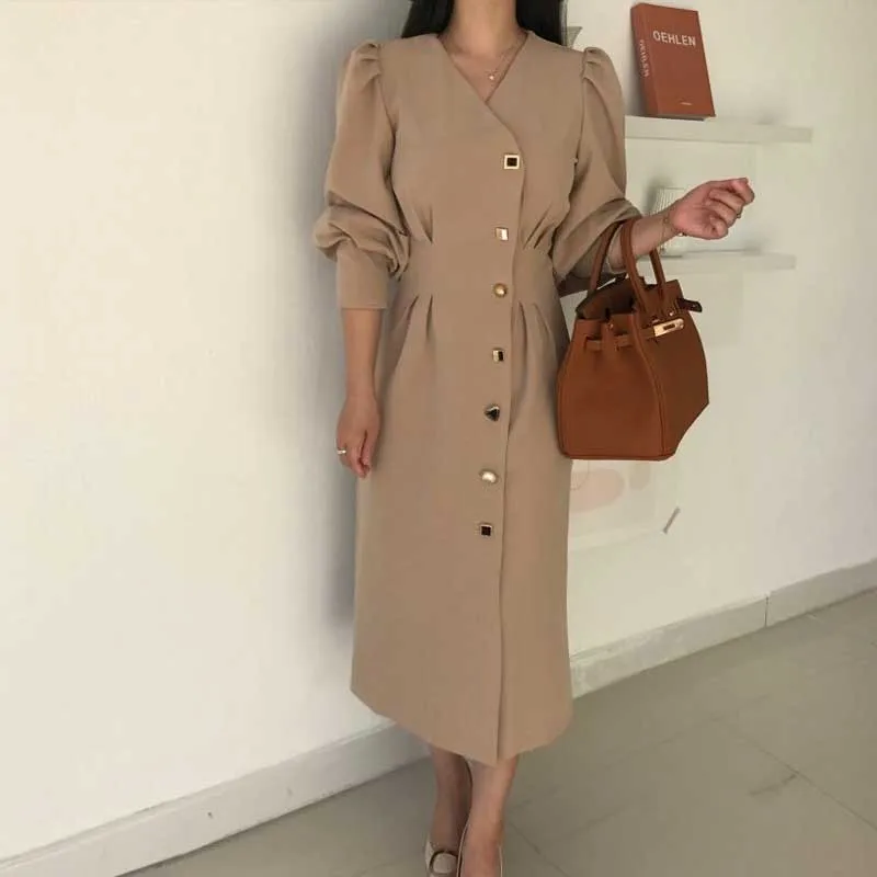 Vintage Elegant Dresses 2020 Autumn Women One-Piece Single-Breasted V-Neck Waist Dress Korean OL Office Long Sleeve Dress Female