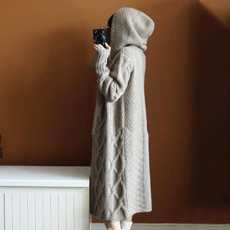 

Long-sleeved Loose Cardigan Fashion Sweater Coat Long Casual Elegant Hooded Cardigan Sweater Autumn Winter Thick Women's Sweater