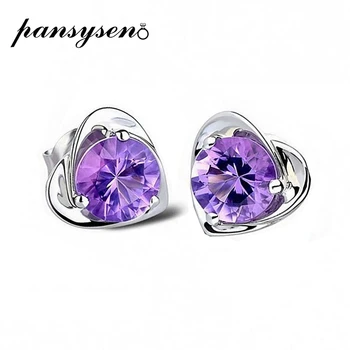 

PANSYSEN Romantic Heart Amethyst Gemstone Genuine 925 Sterling Silver Wedding Stud Earrings for Women Luxury Fine Jewelry Gifts