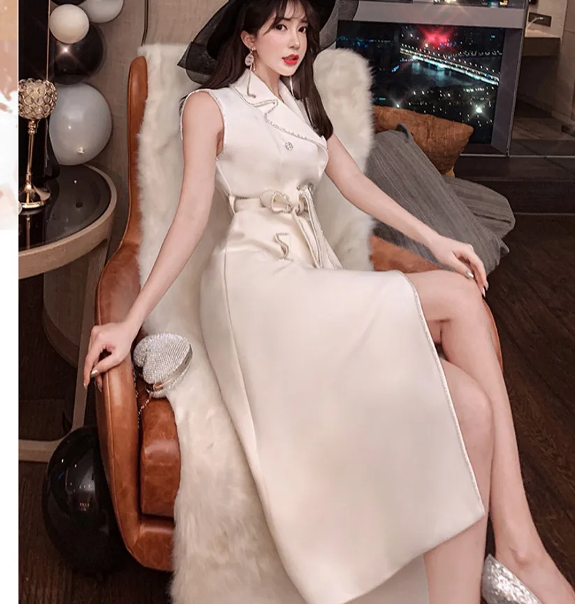 Fashion Autumn Celebrity Lady's Water Drilled Diamond Double-breasted Suit Dress Slim Shiny Women Blazer Dress