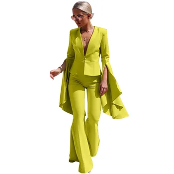 

High Street Blazer Set Women Suits Deep V-neck Flare Sleeve Blazer Coat Pants Bell Bottoms Formal Elegant Two Piece Set Femme